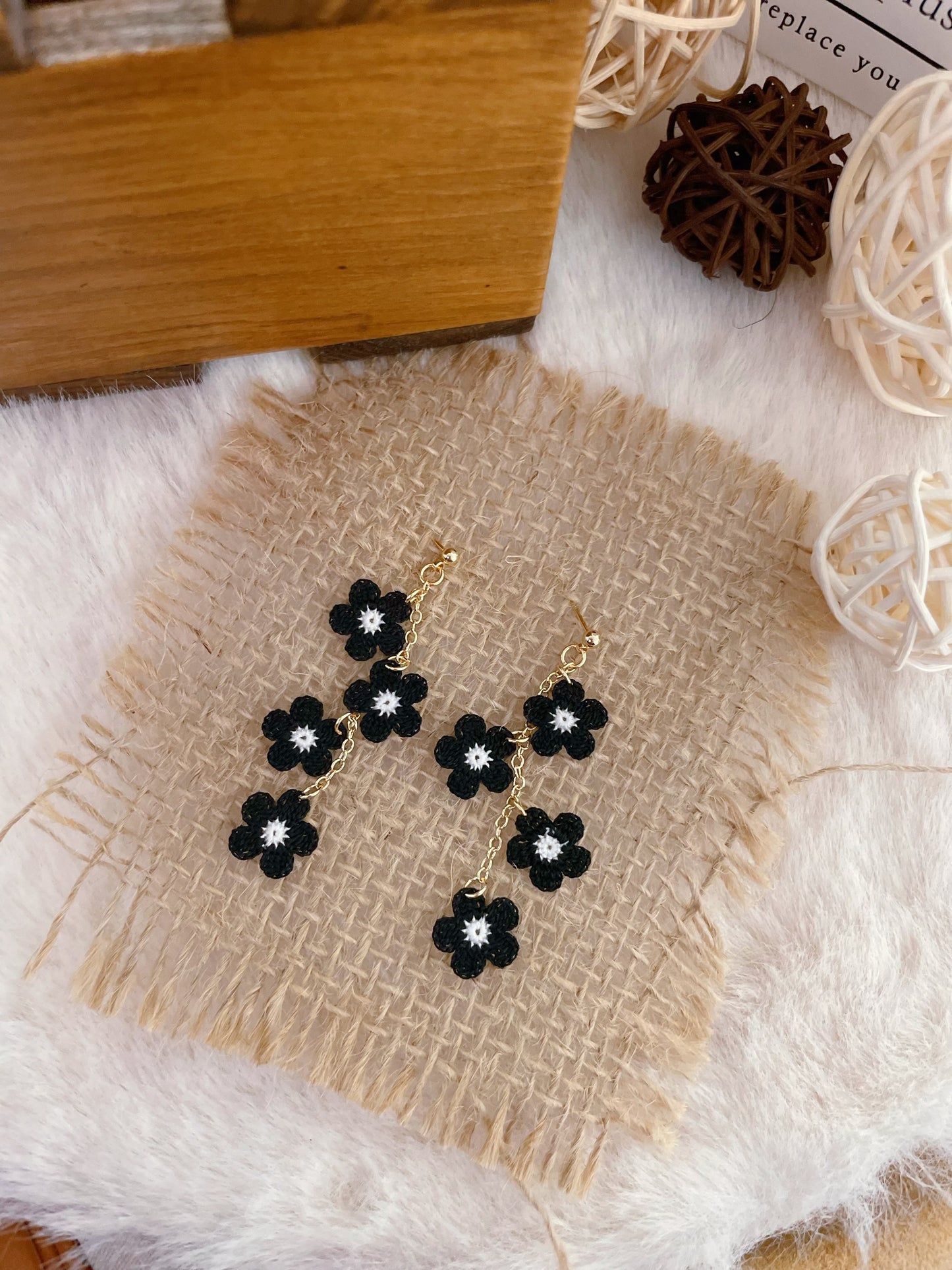 Micro Crochet Black Flowers Earrings
