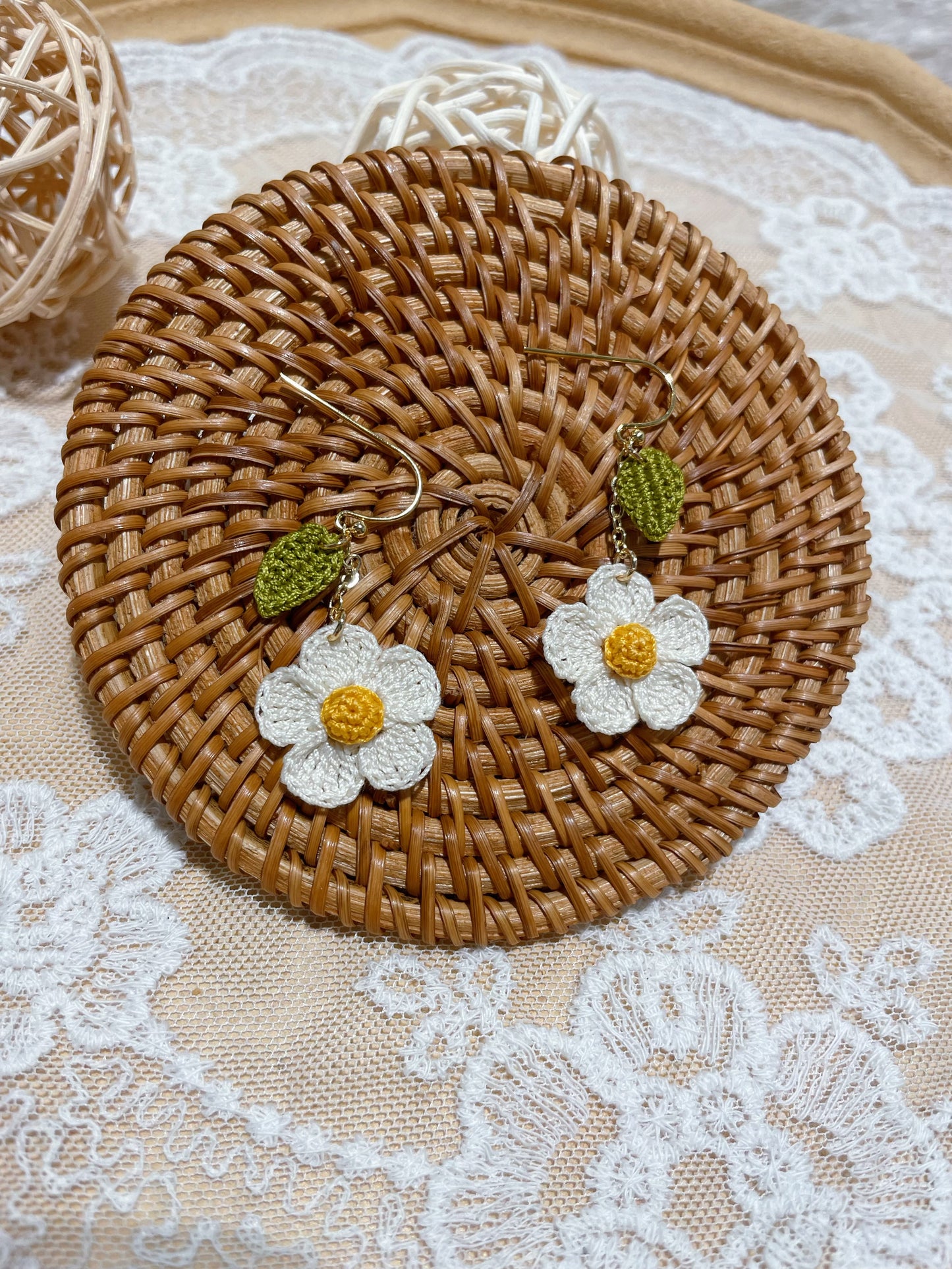 Micro Crochet White Flower Earrings