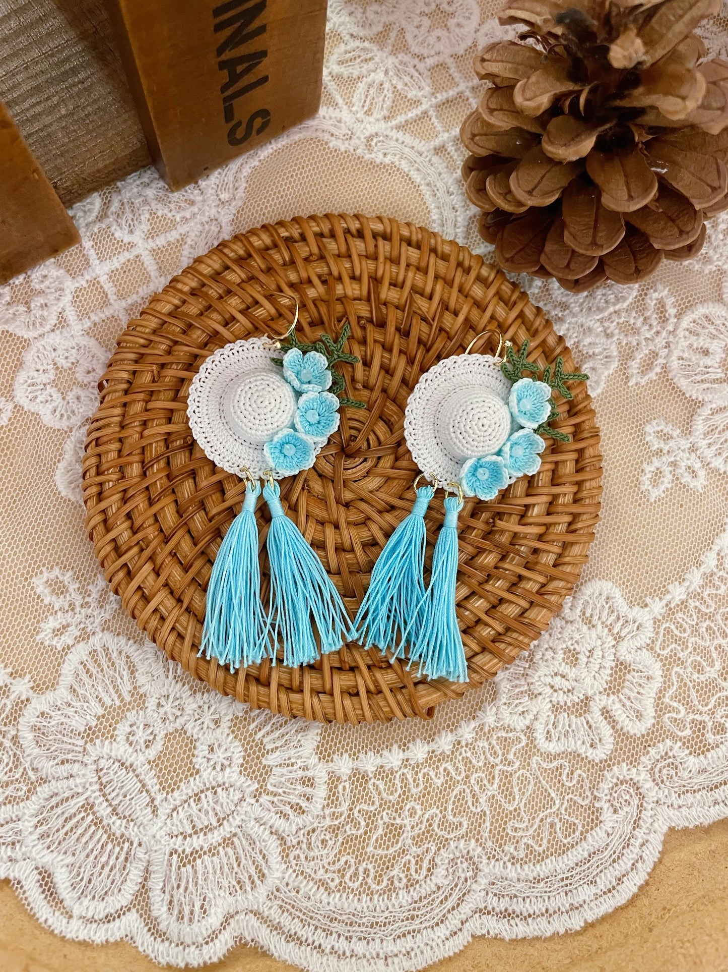 Micro Crochet Blue Tassel Hat Earrings