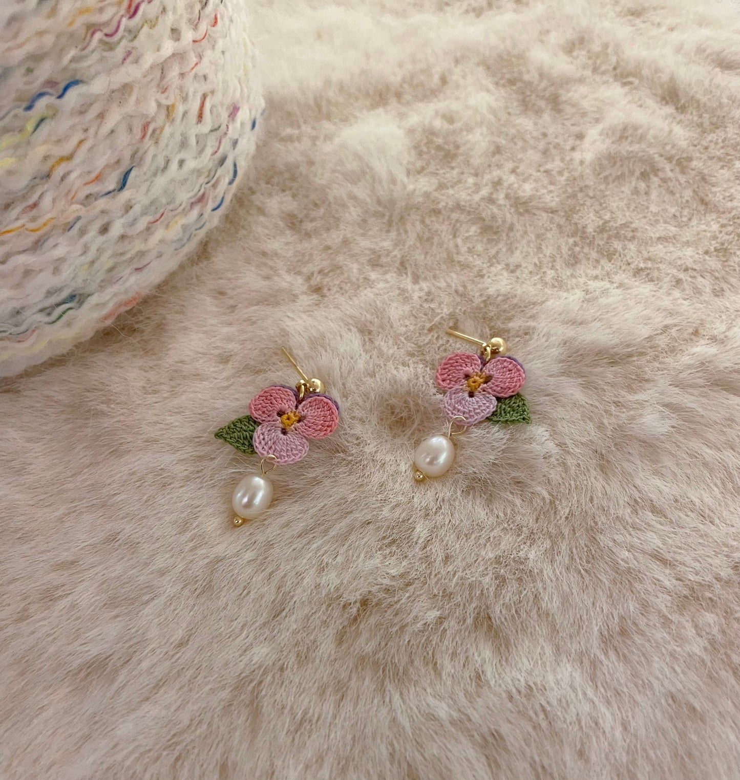 Micro Crochet Pink Pansy Stud Earrings