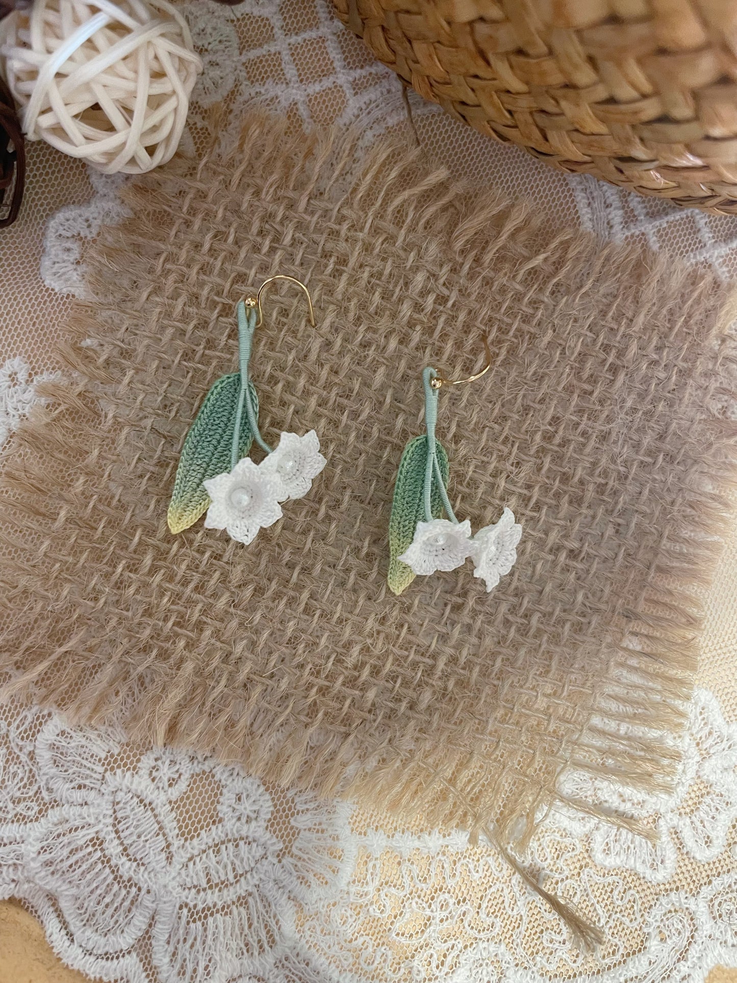 Micro Crochet Lily & Gradient Leaf Earrings