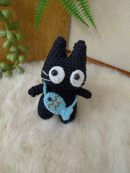 Black Cat with Fish bag Keychain
