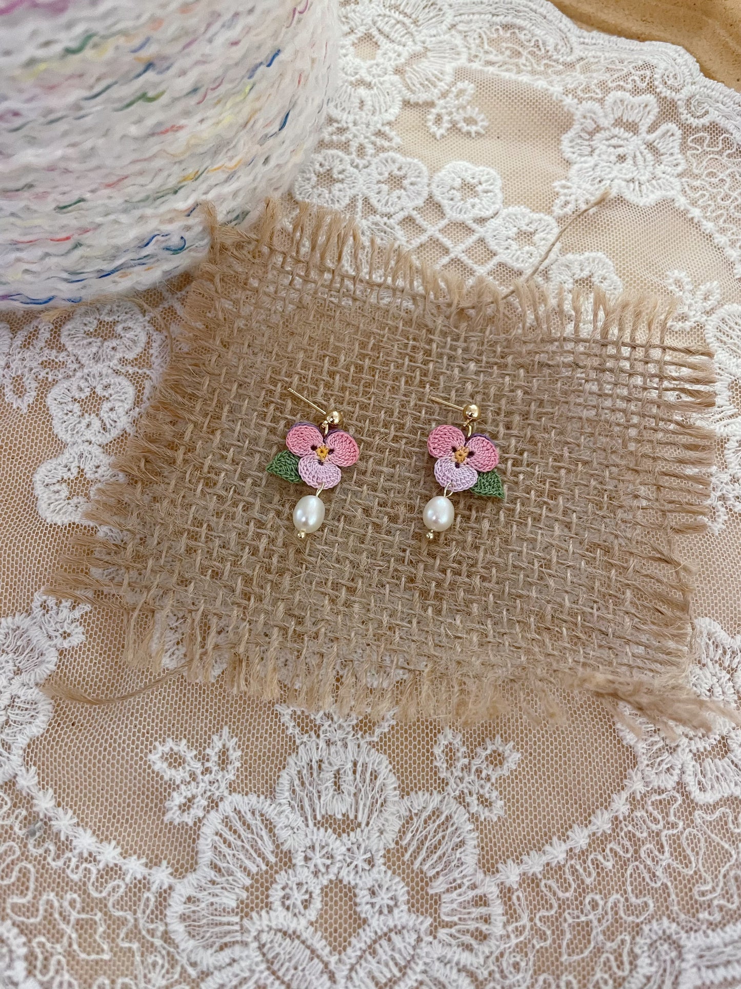 Micro Crochet Pink Pansy Stud Earrings