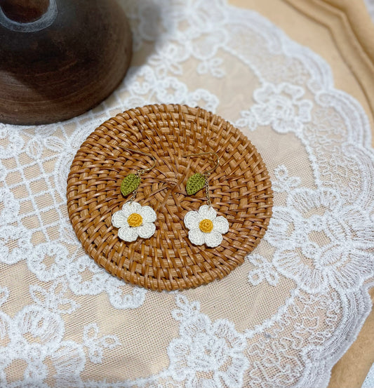 Micro Crochet White Flower Earrings