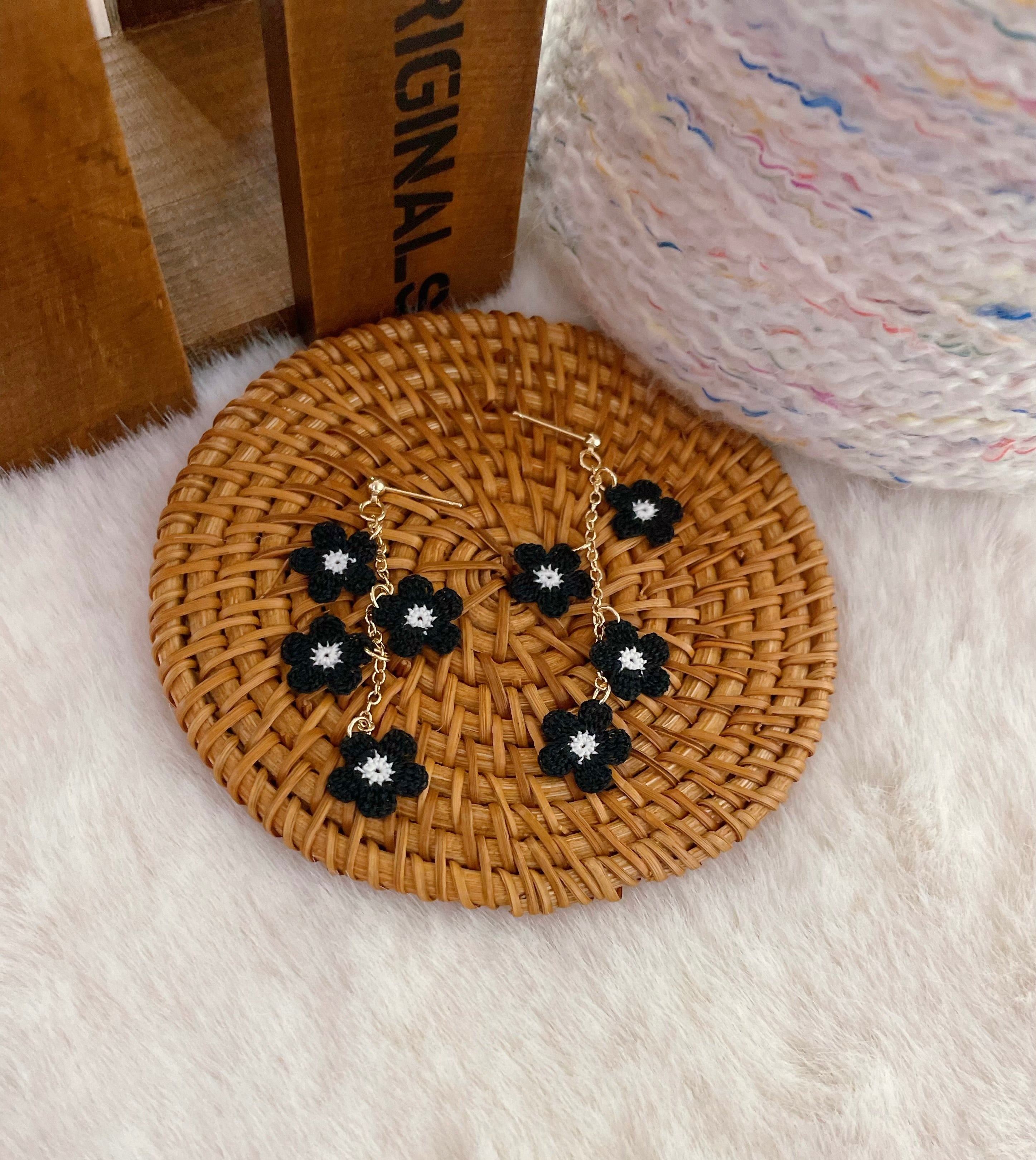 Micro Crochet Black Flowers Earrings