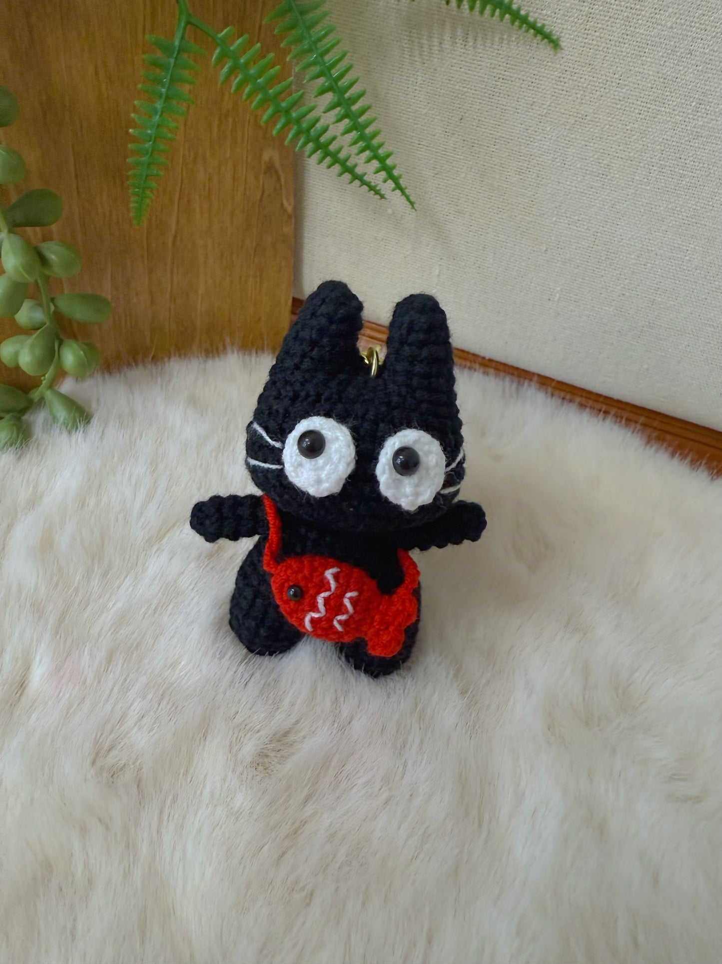 Black Cat with Fish bag Keychain