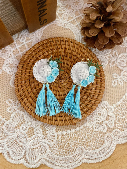 Micro Crochet Blue Tassel Hat Earrings