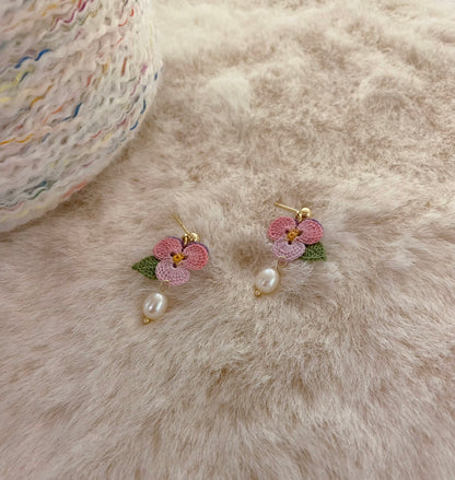 Micro Crochet Pink Pansy Stud Earrings