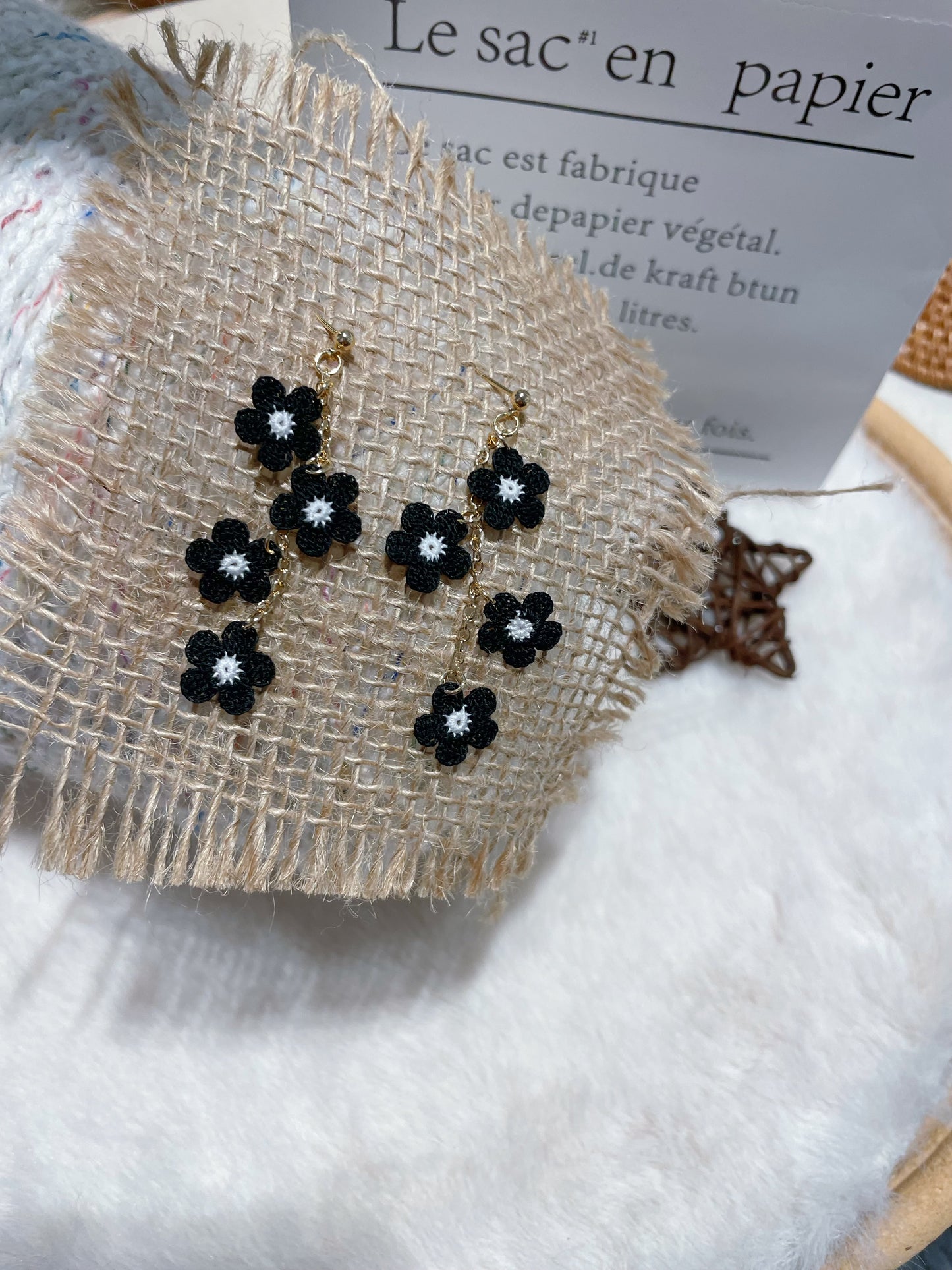 Micro Crochet Black Flowers Earrings
