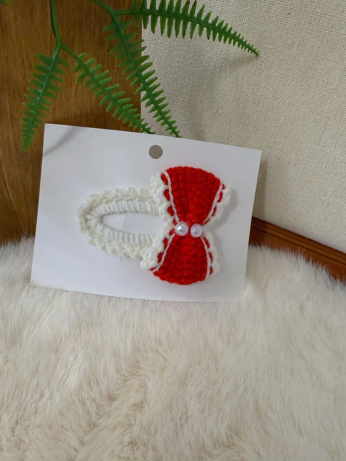 Red Bow with Pearl Beads Hair Clip