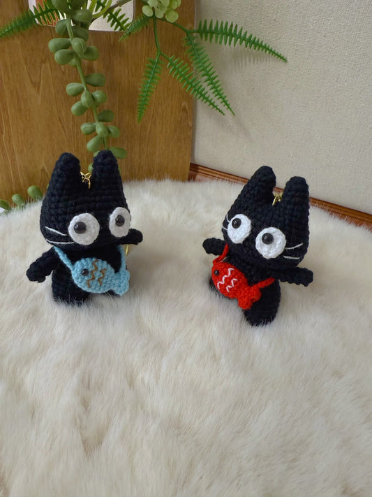 Black Cat with Fish bag Keychain