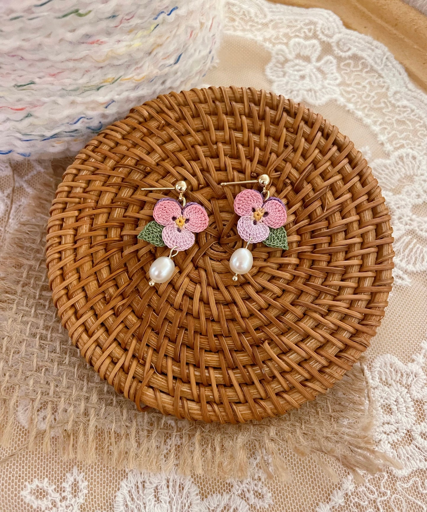 Micro Crochet Pink Pansy Stud Earrings