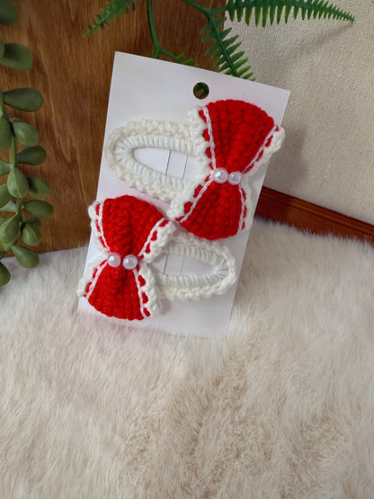 Red Bow with Pearl Beads Hair Clip