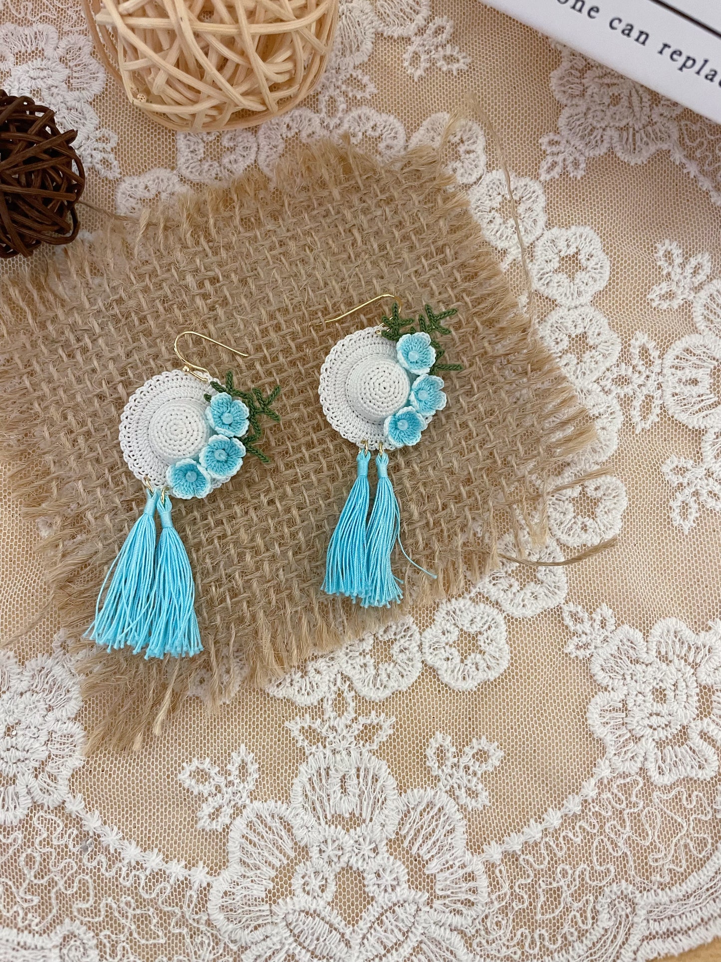Micro Crochet Blue Tassel Hat Earrings