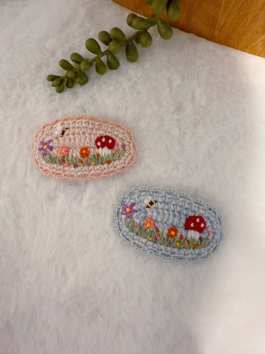 Mushroom & Bee Embroideried Hair Clip
